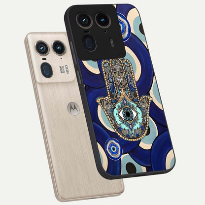  Hamsa Divine Guard phone case For Moto Edge 50 Ultra showing premium glass back cover with detailed artwork