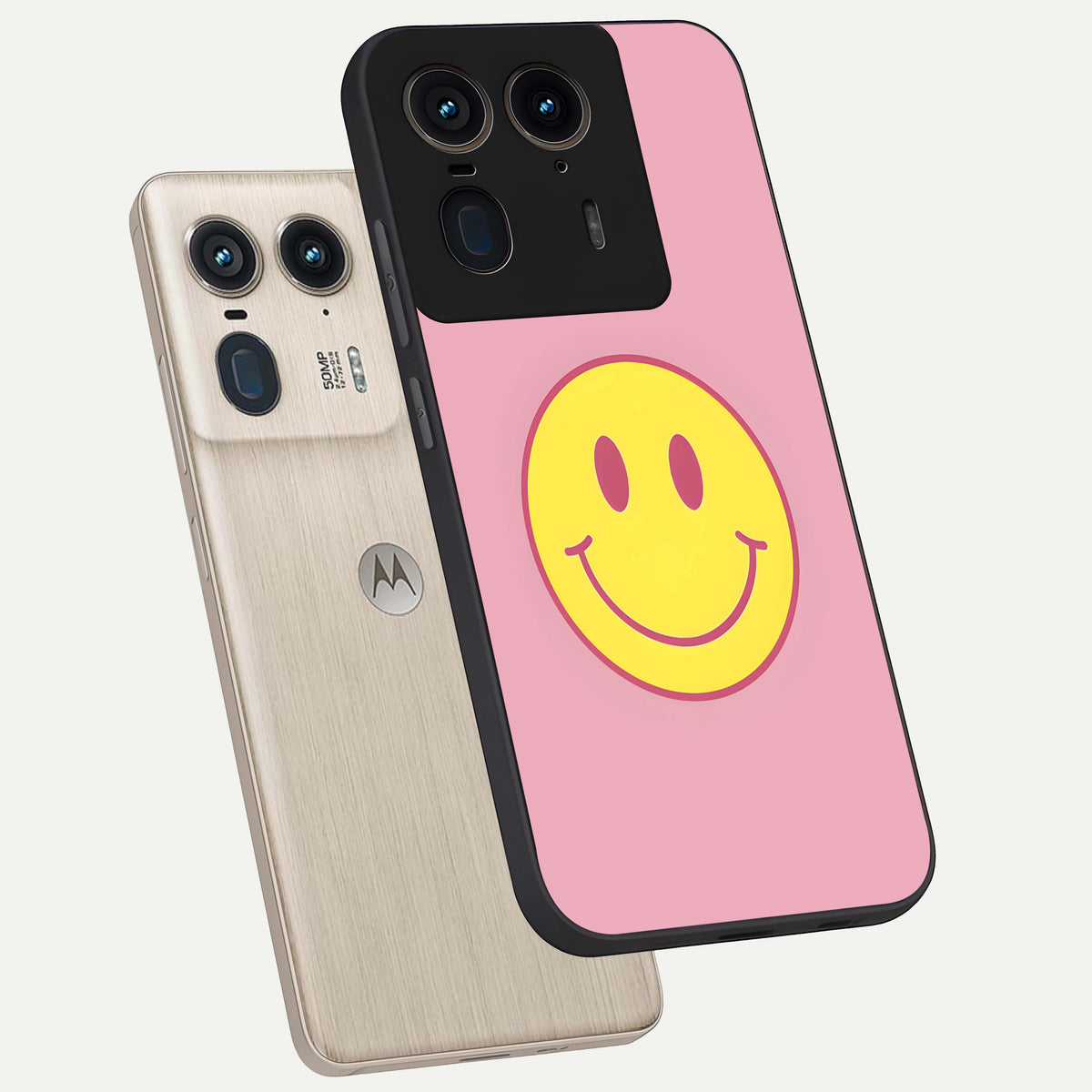 Happy Pink Mood phone case For Moto Edge 50 Ultra showing premium glass back cover with detailed artwork