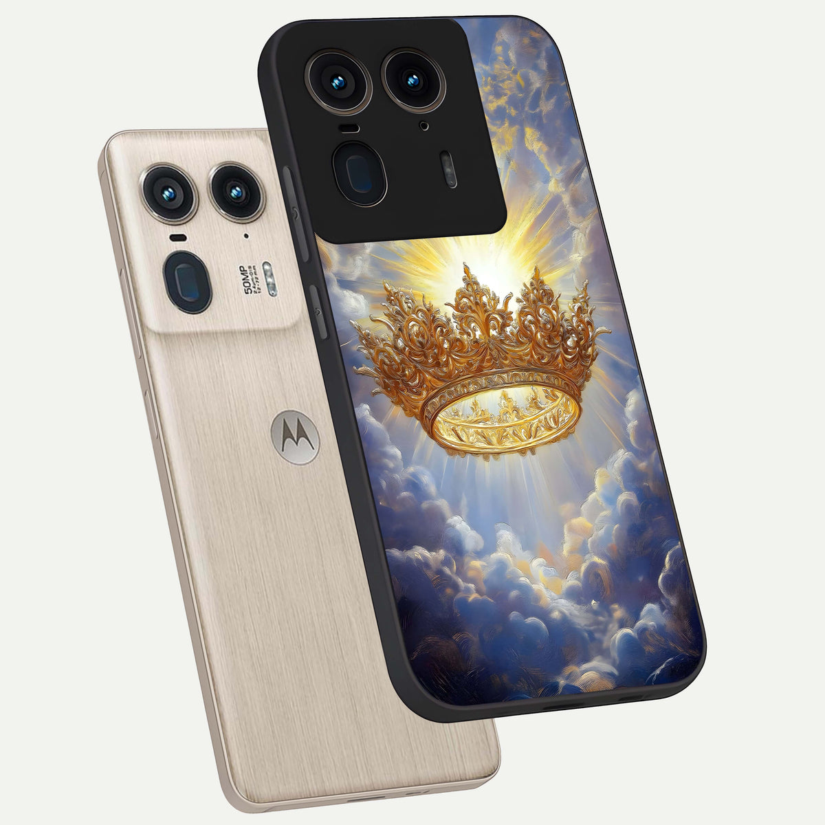 Heavenly Crown Light phone case For Moto Edge 50 Ultra showing premium glass back cover with detailed artwork