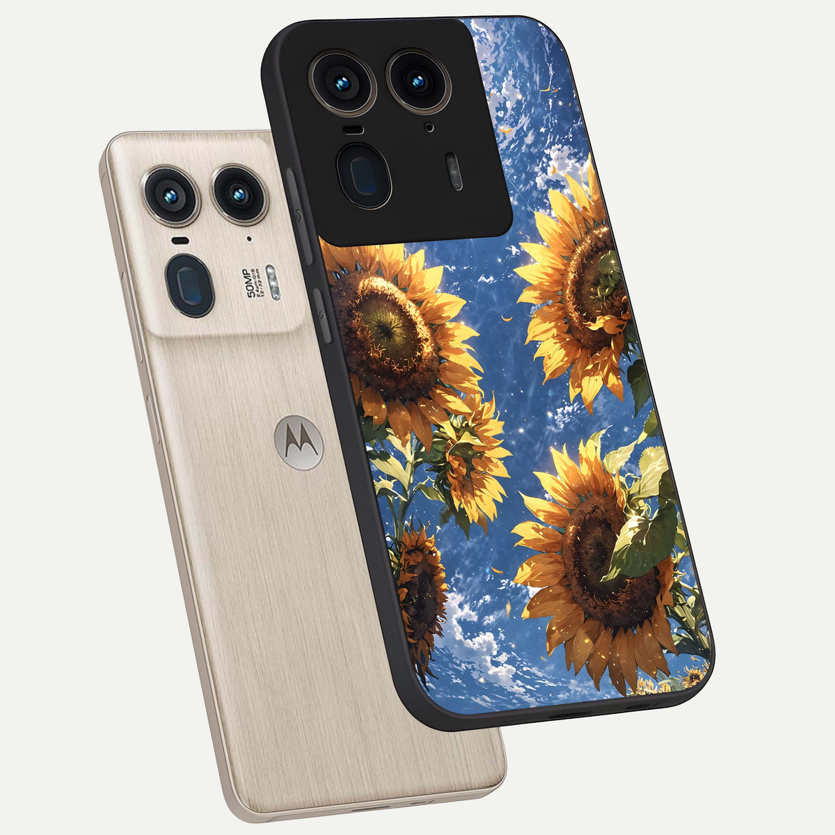  Heavenly Sunflower Rise phone case For Moto Edge 50 Ultra showing premium glass back cover with detailed artwork