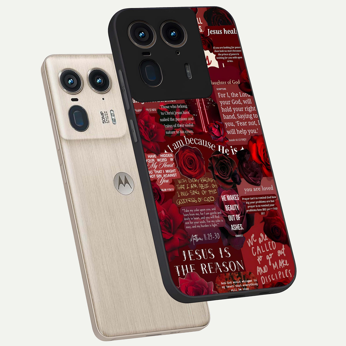  Jesus Love Heals phone case For Moto Edge 50 Ultra showing premium glass back cover with detailed artwork
