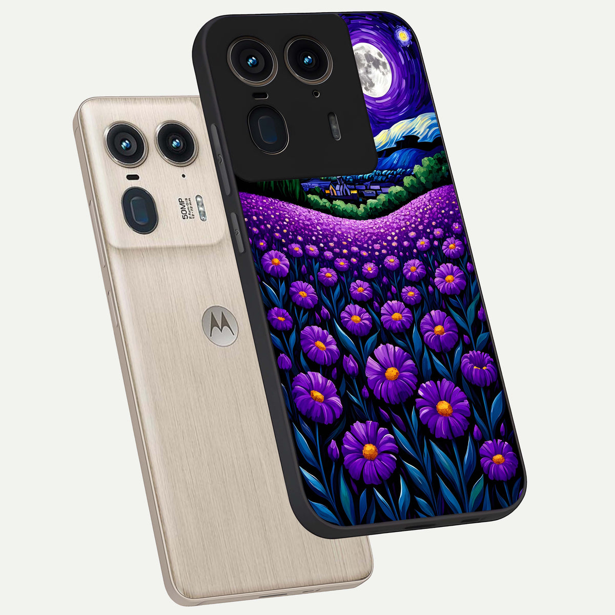  Lavender Moon Field phone case For Moto Edge 50 Ultra showing premium glass back cover with detailed artwork