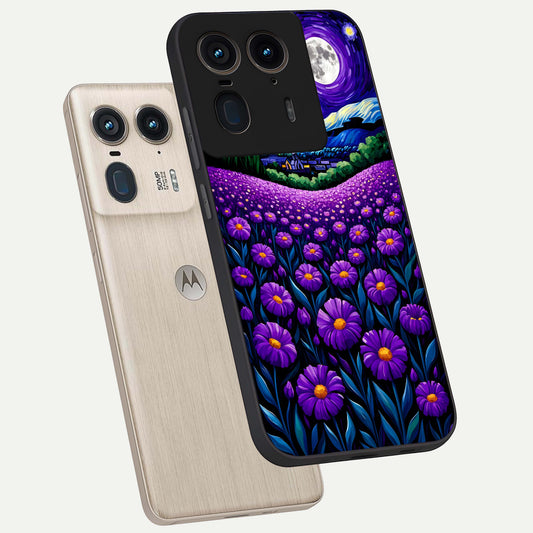  Lavender Moon Field phone case For Moto Edge 50 Ultra showing premium glass back cover with detailed artwork