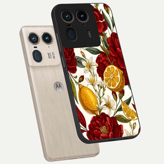  Lemon Rose Charm phone case For Moto Edge 50 Ultra showing premium glass back cover with detailed artwork