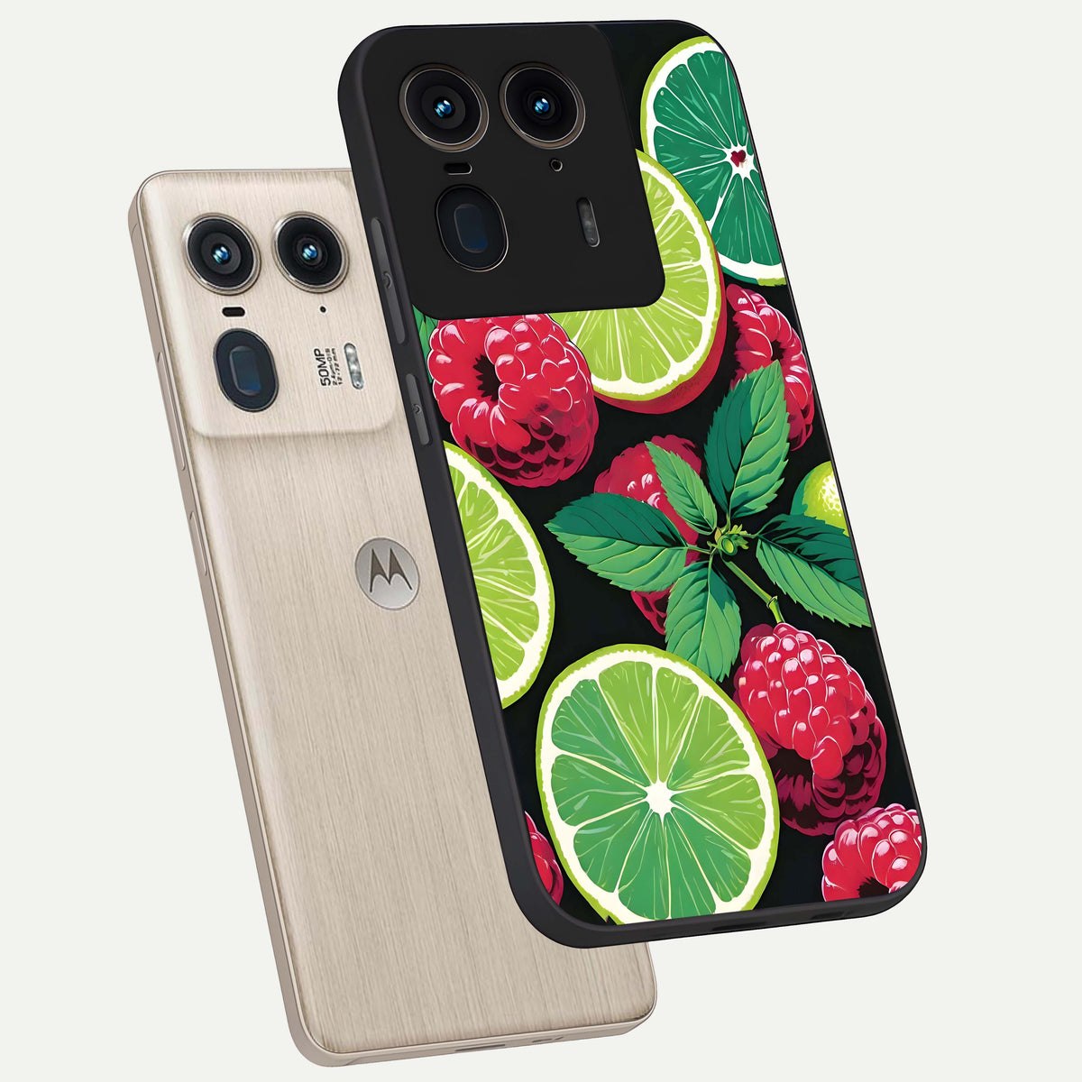  Lime and Raspberry Pattern phone case For Moto Edge 50 Ultra showing premium glass back cover with detailed artwork