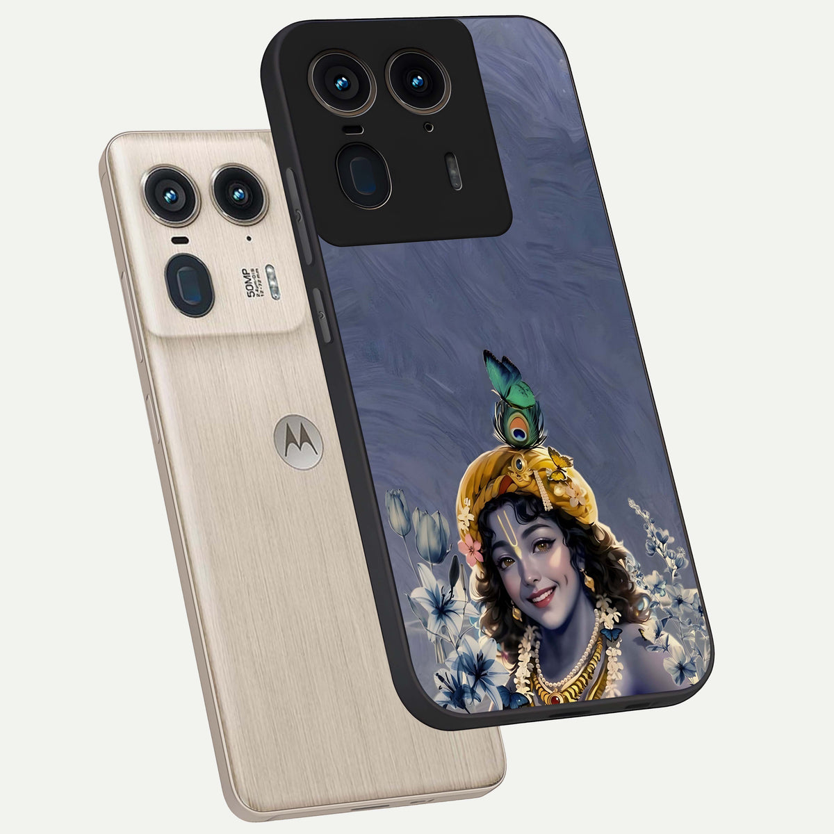  Lord Krishna phone case For Moto Edge 50 Ultra showing premium glass back cover with detailed artwork