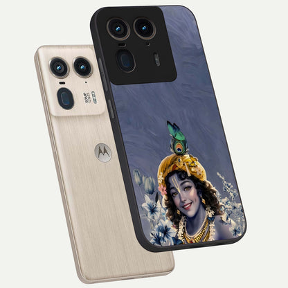  Lord Krishna phone case For Moto Edge 50 Ultra showing premium glass back cover with detailed artwork