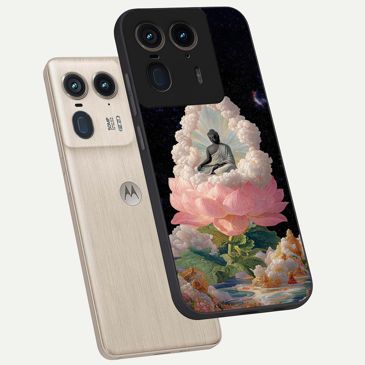  Lotus Divine Peace phone case For Moto Edge 50 Ultra showing premium glass back cover with detailed artwork