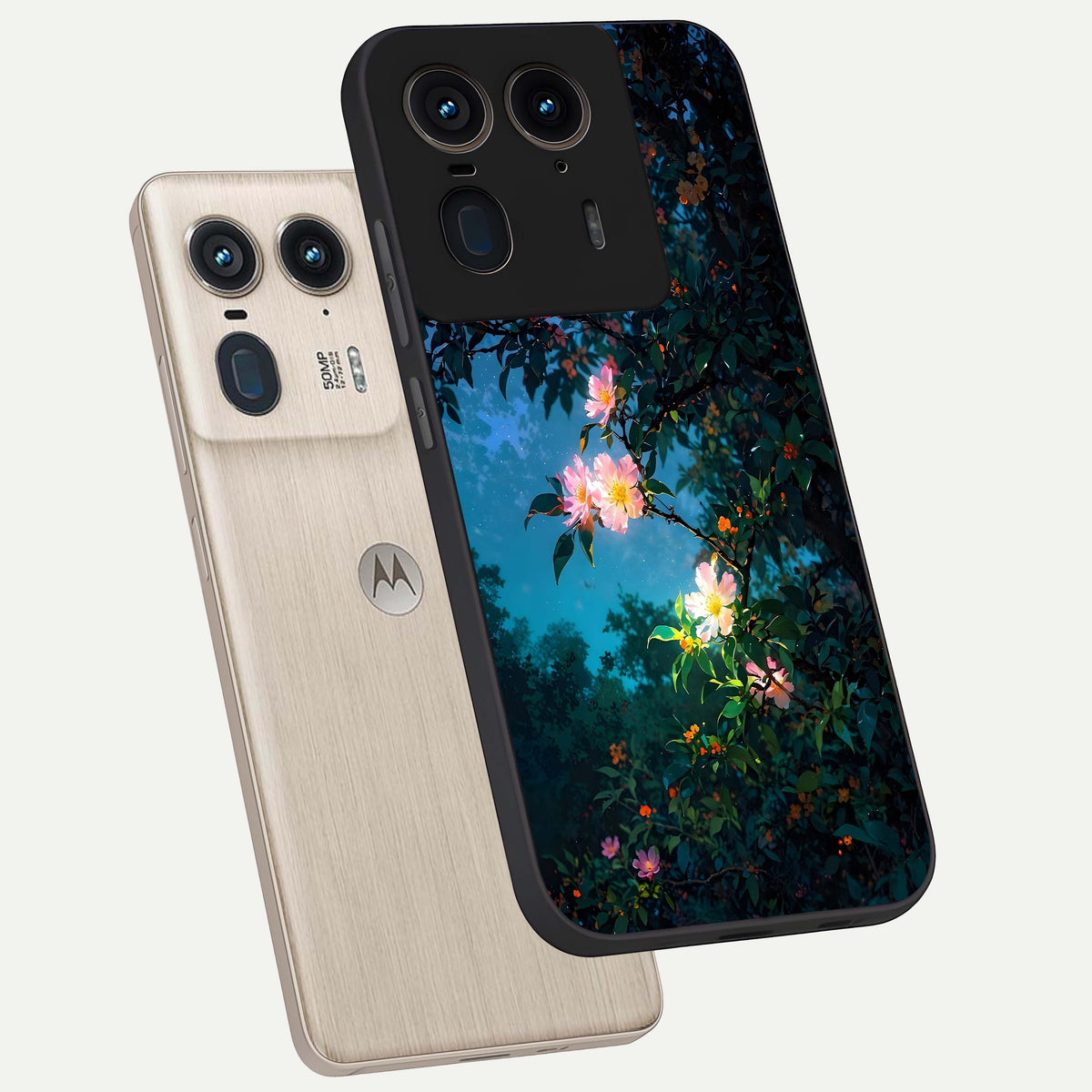  Midnight Bloom Glow phone case For Moto Edge 50 Ultra showing premium glass back cover with detailed artwork
