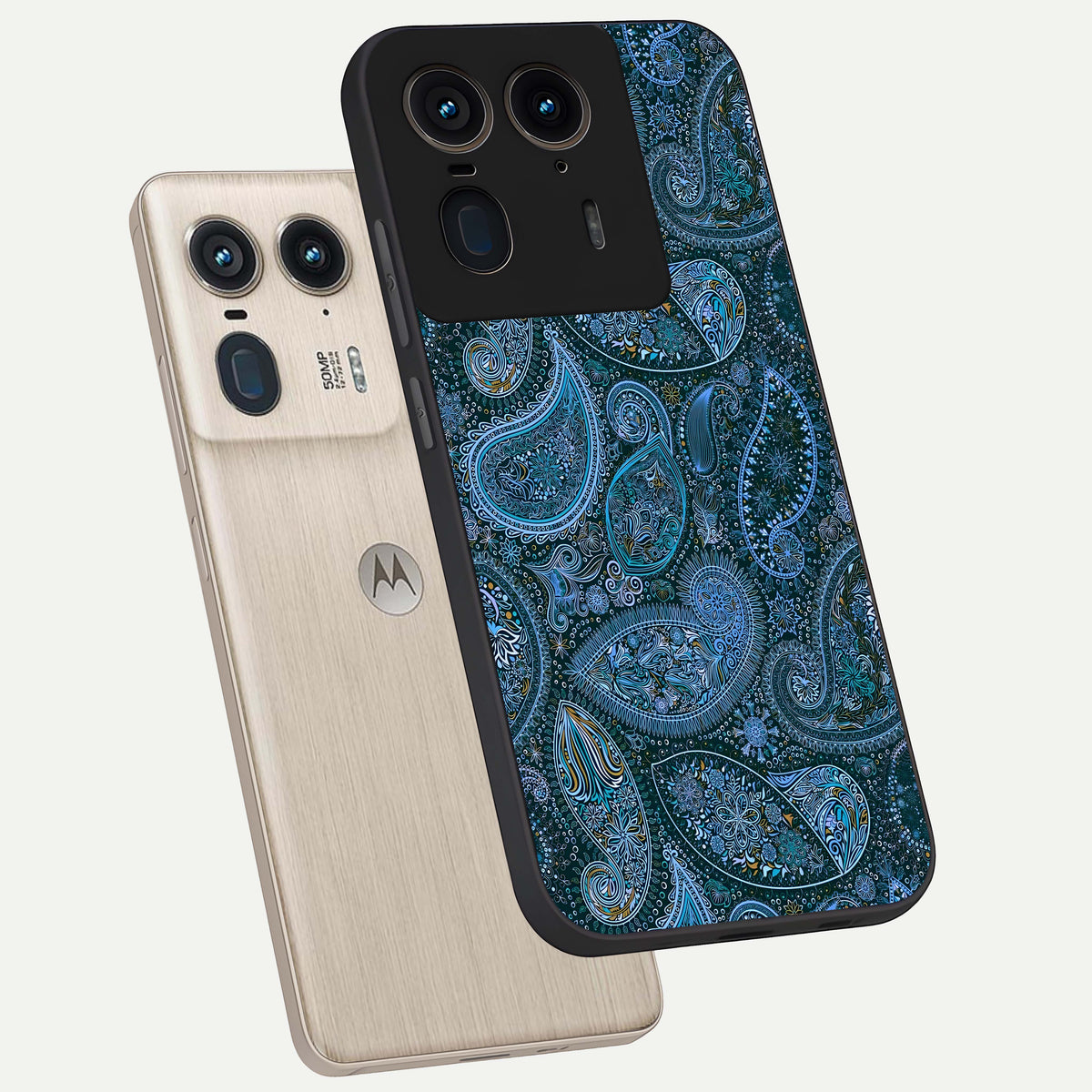  Midnight Paisley Glow phone case For Moto Edge 50 Ultra showing premium glass back cover with detailed artwork
