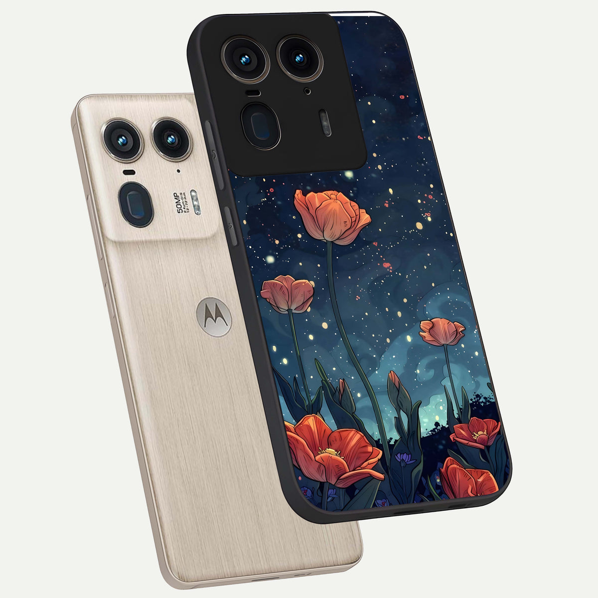  Midnight Tulip Glow phone case For Moto Edge 50 Ultra showing premium glass back cover with detailed artwork