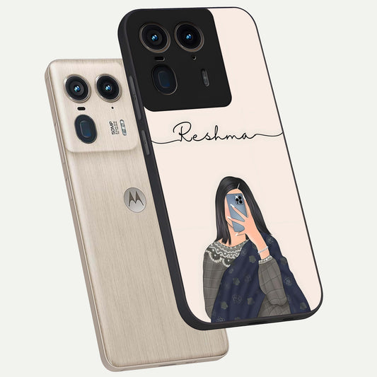  Mirror Mood Muse With Custom Name phone case For Moto Edge 50 Ultra showing premium glass back cover with detailed artwork