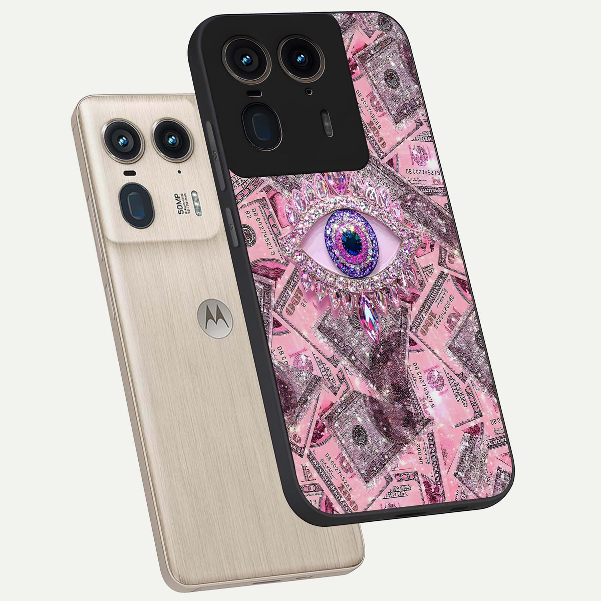  Money Eye Luxe phone case For Moto Edge 50 Ultra showing premium glass back cover with detailed artwork
