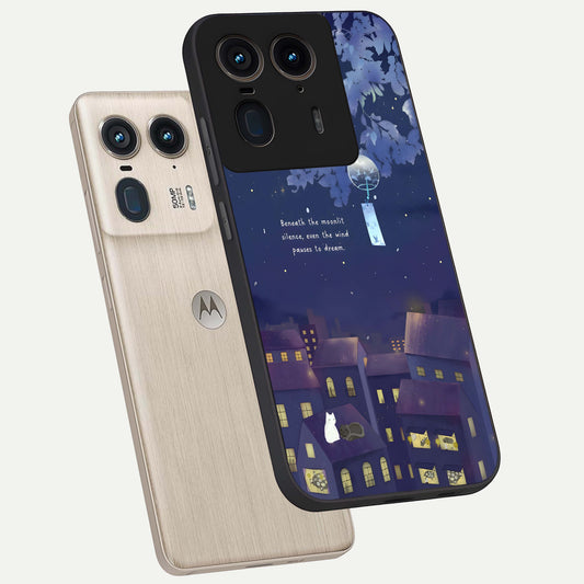  Moonlit Cat Silence phone case For Moto Edge 50 Ultra showing premium glass back cover with detailed artwork