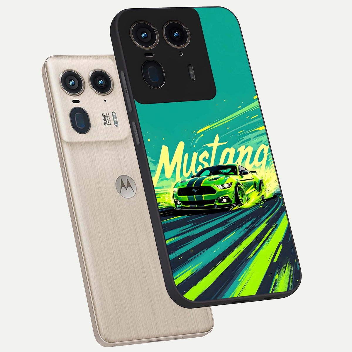  Mustang Bang phone case For Moto Edge 50 Ultra showing premium glass back cover with detailed artwork