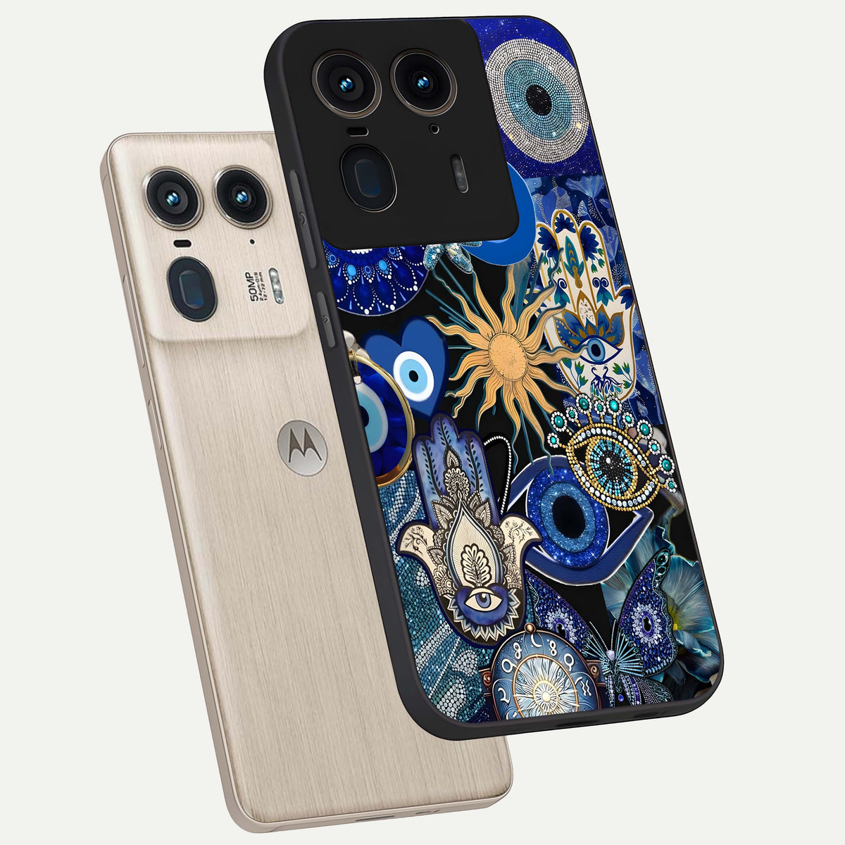  Mystic Blue Evil Eye phone case For Moto Edge 50 Ultra showing premium glass back cover with detailed artwork