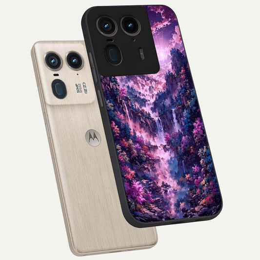  Mystic Cascade Peaks phone case For Moto Edge 50 Ultra showing premium glass back cover with detailed artwork