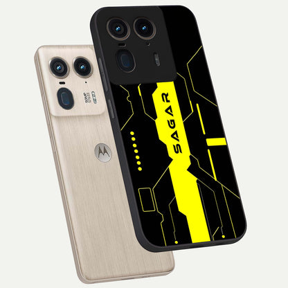  Neon CYBERPUNK Custom Name phone case For Moto Edge 50 Ultra showing premium glass back cover with detailed artwork