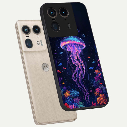 Neon Jellyfish phone case For Moto Edge 50 Ultra showing premium glass back cover with detailed artwork