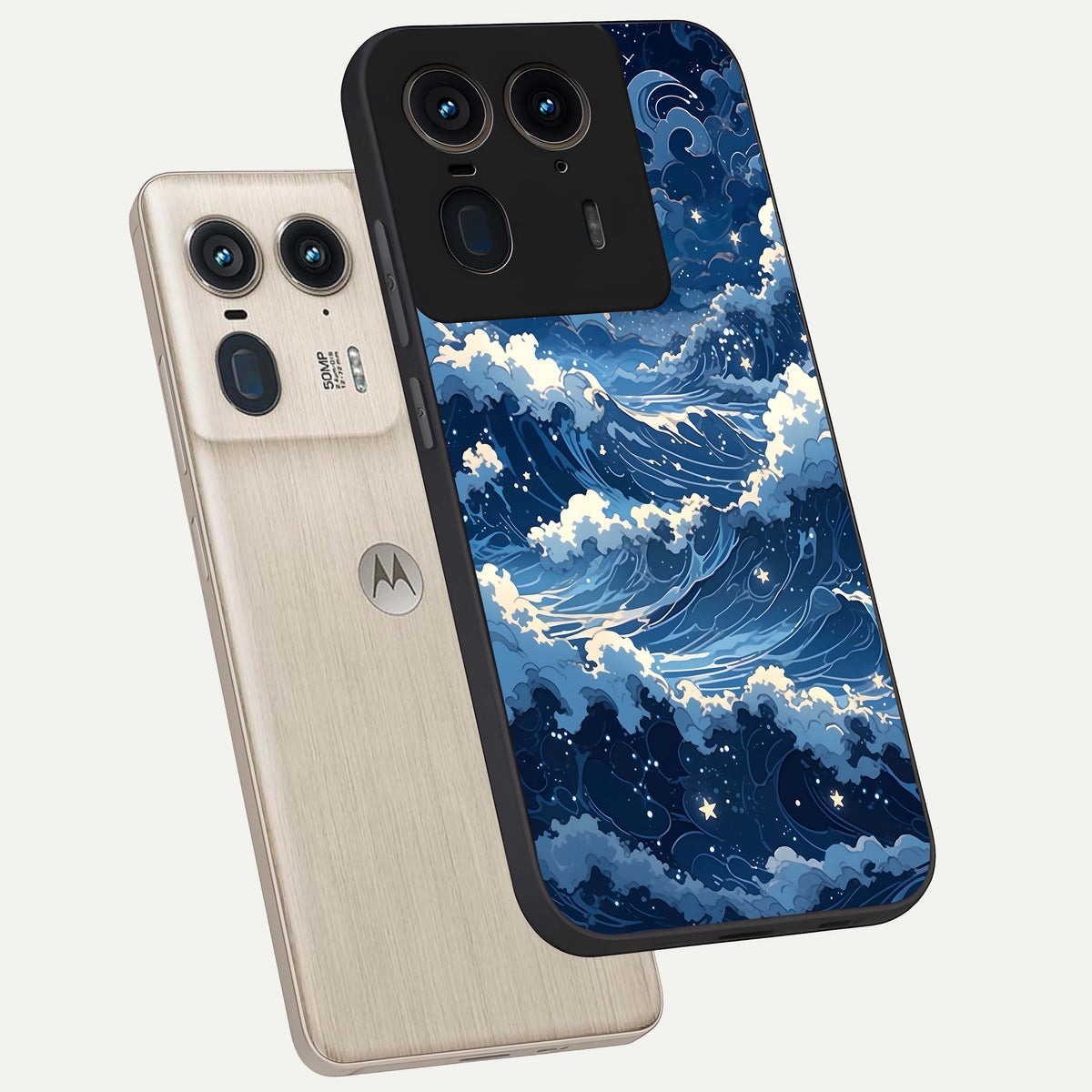  Ocean Moon Waves phone case For Moto Edge 50 Ultra showing premium glass back cover with detailed artwork