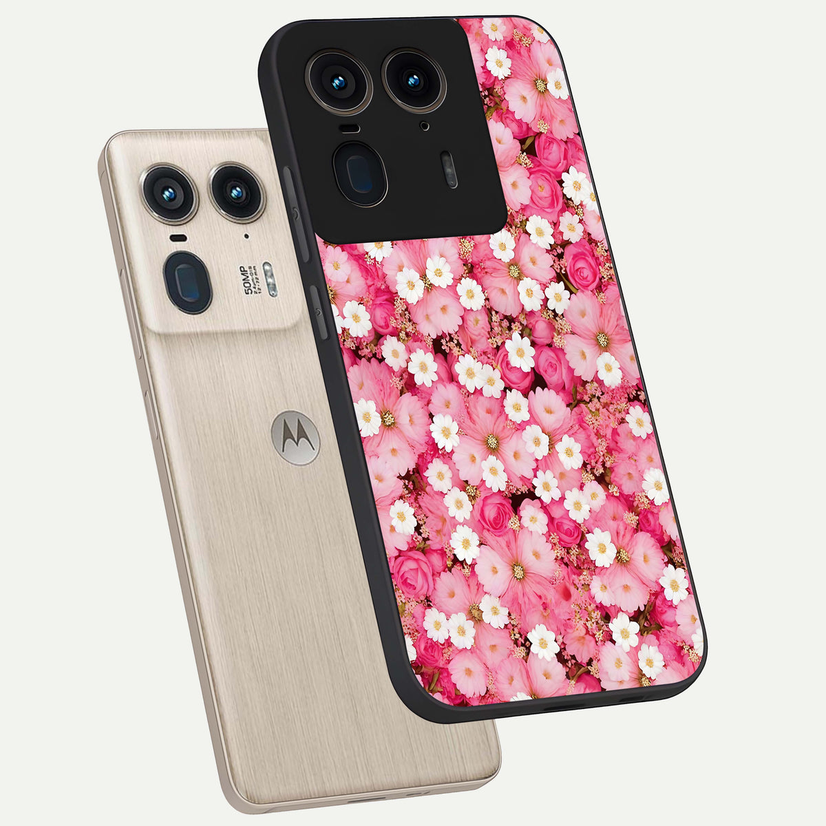  Pink Daisy Bliss phone case For Moto Edge 50 Ultra showing premium glass back cover with detailed artwork