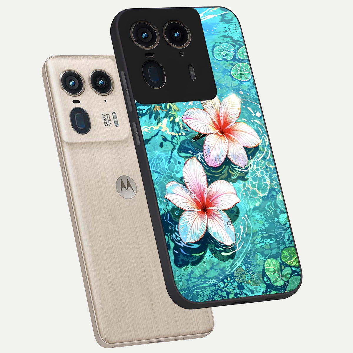  Pink Flowers in Water phone case For Moto Edge 50 Ultra showing premium glass back cover with detailed artwork