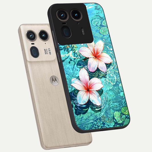  Pink Flowers in Water phone case For Moto Edge 50 Ultra showing premium glass back cover with detailed artwork