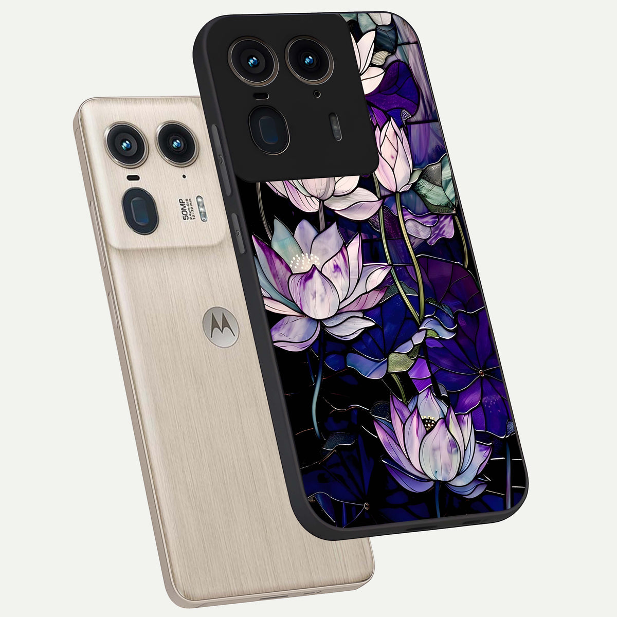  Purple Lotus Pattern phone case For Moto Edge 50 Ultra showing premium glass back cover with detailed artwork