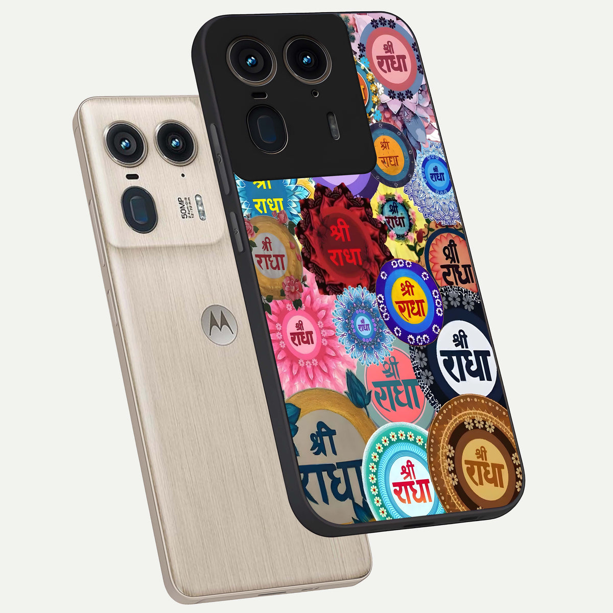  Radha Divine Bloom phone case For Moto Edge 50 Ultra showing premium glass back cover with detailed artwork