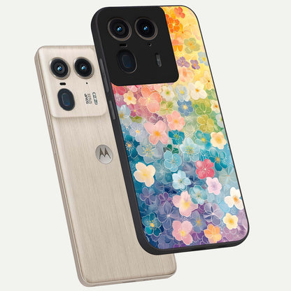  Rainbow Blossom Burst phone case For Moto Edge 50 Ultra showing premium glass back cover with detailed artwork