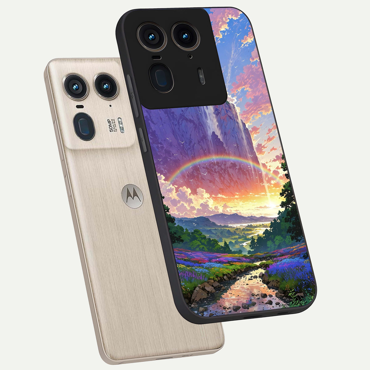  Rainbow Valley Dream phone case For Moto Edge 50 Ultra showing premium glass back cover with detailed artwork