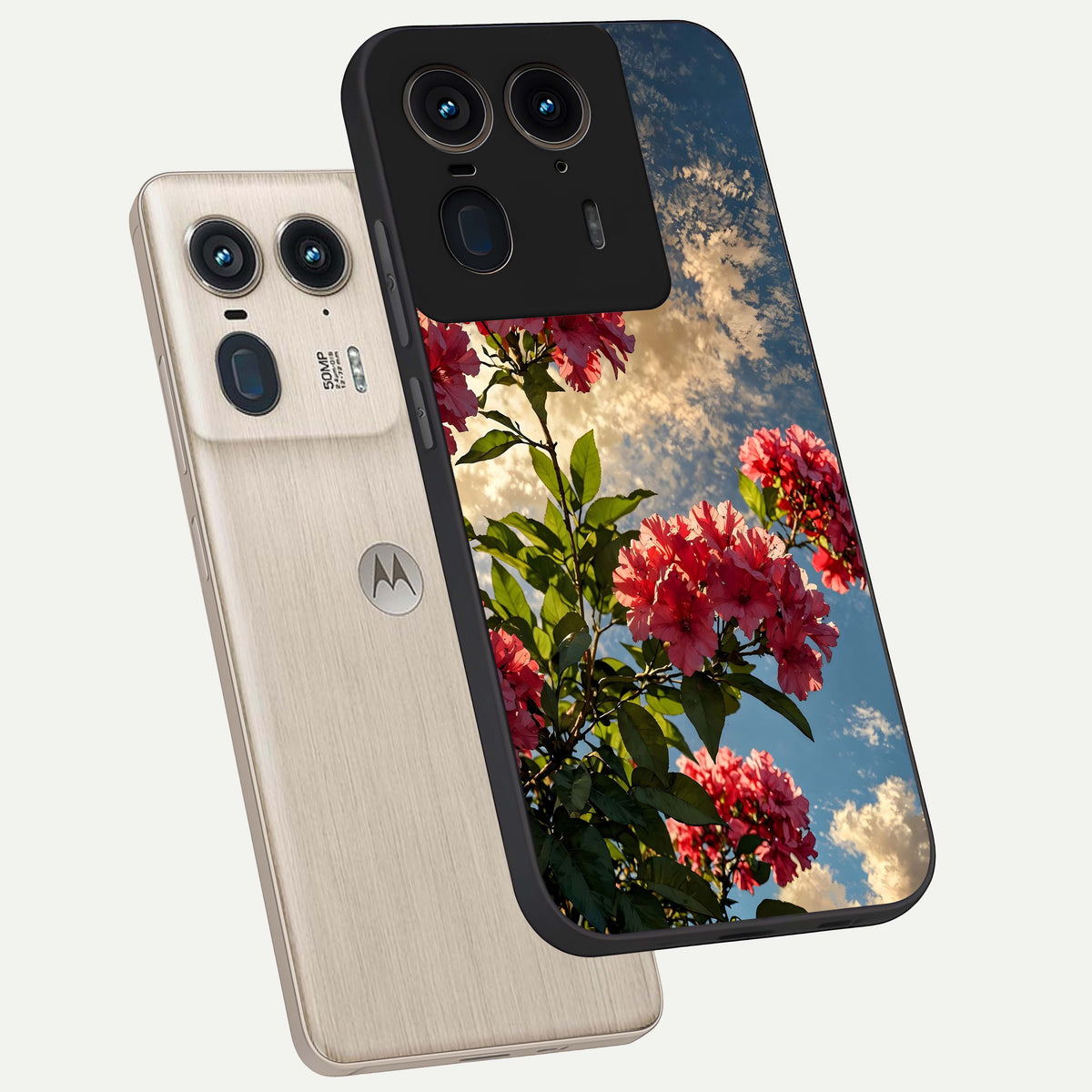  Red Bloom Skies phone case For Moto Edge 50 Ultra showing premium glass back cover with detailed artwork