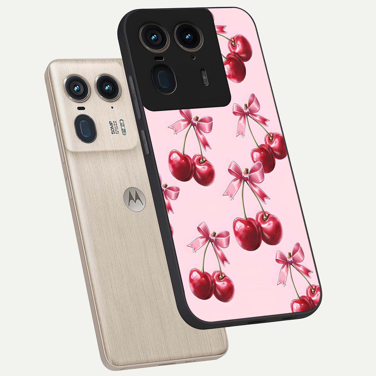  Red Cherries Pattern phone case For Moto Edge 50 Ultra showing premium glass back cover with detailed artwork