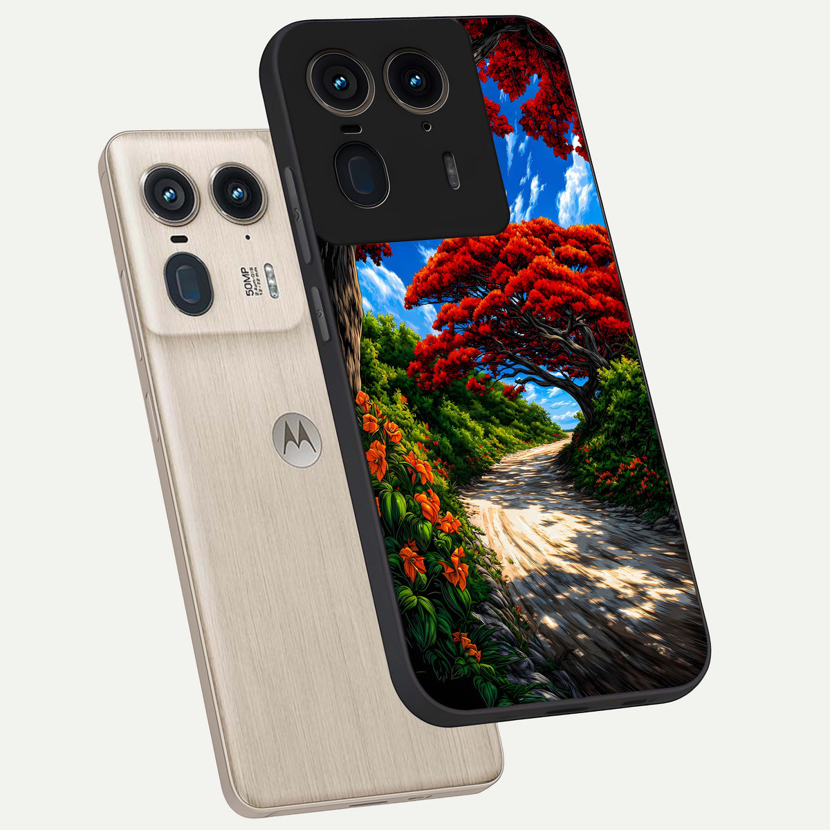  Red Trees Pathway phone case For Moto Edge 50 Ultra showing premium glass back cover with detailed artwork