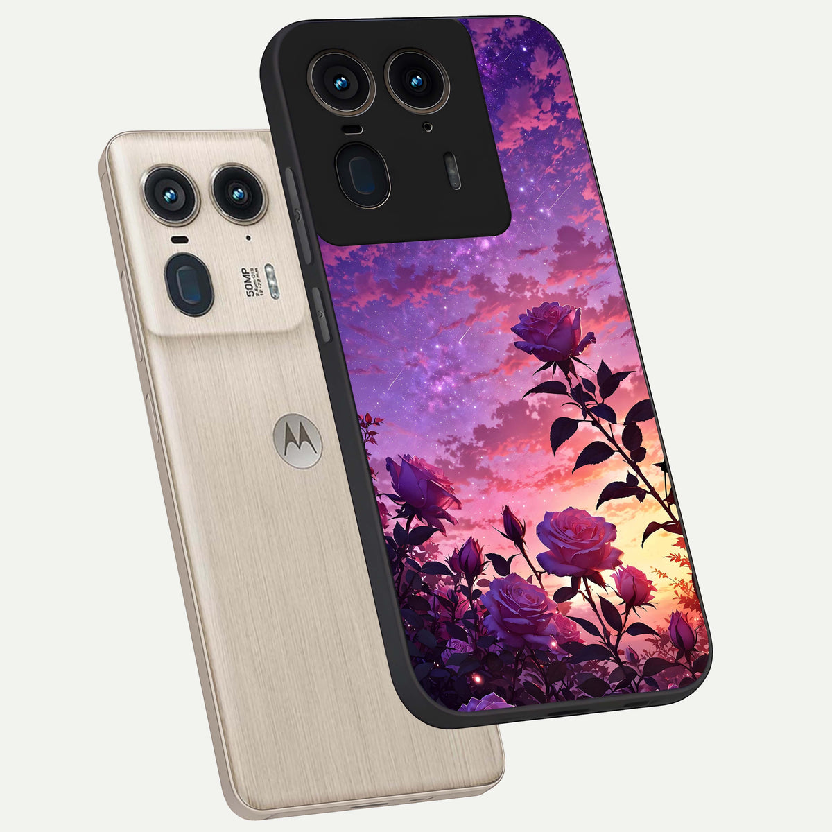  Starlit Rose Twilight phone case For Moto Edge 50 Ultra showing premium glass back cover with detailed artwork
