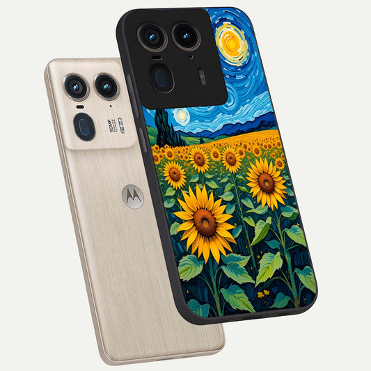  Starry Sunflower Dreams phone case For Moto Edge 50 Ultra showing premium glass back cover with detailed artwork