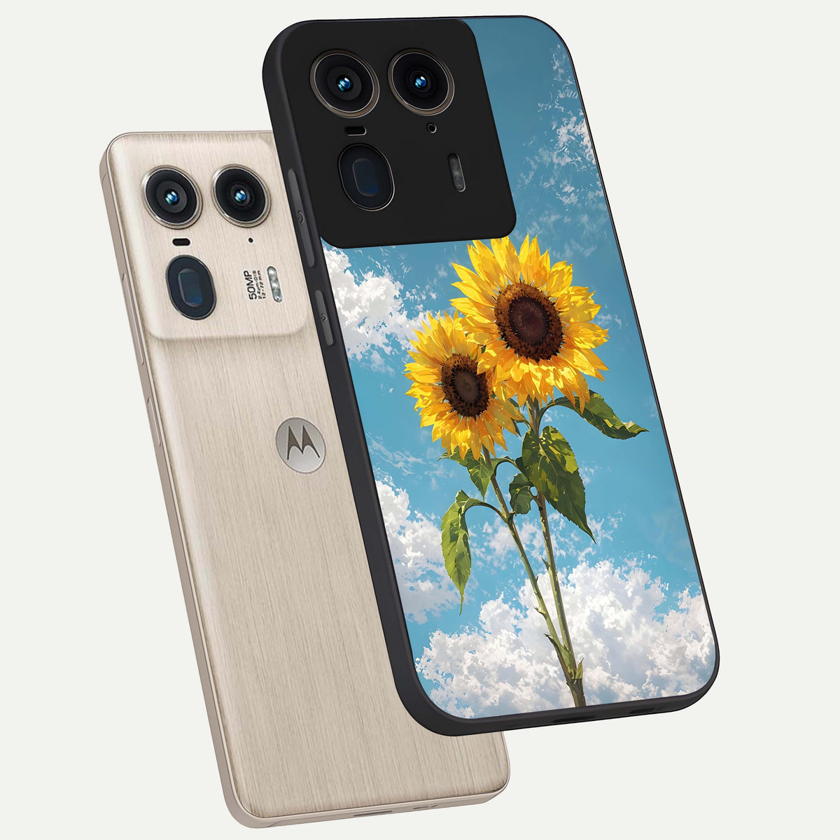  Sunlit Daisy Glow phone case For Moto Edge 50 Ultra showing premium glass back cover with detailed artwork