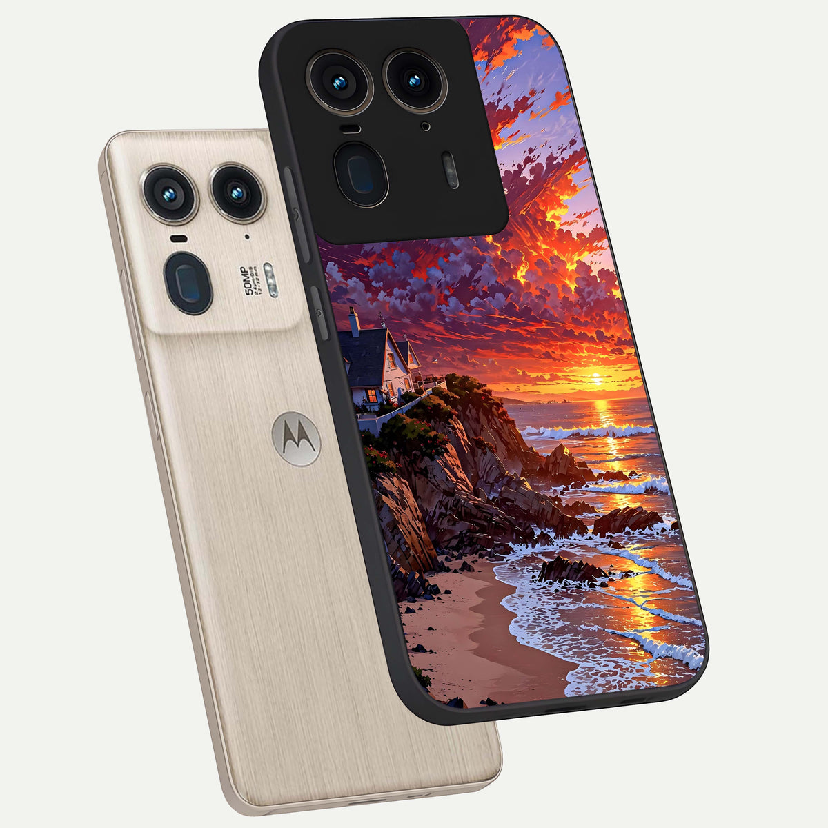  Sunset House By Sea phone case For Moto Edge 50 Ultra showing premium glass back cover with detailed artwork