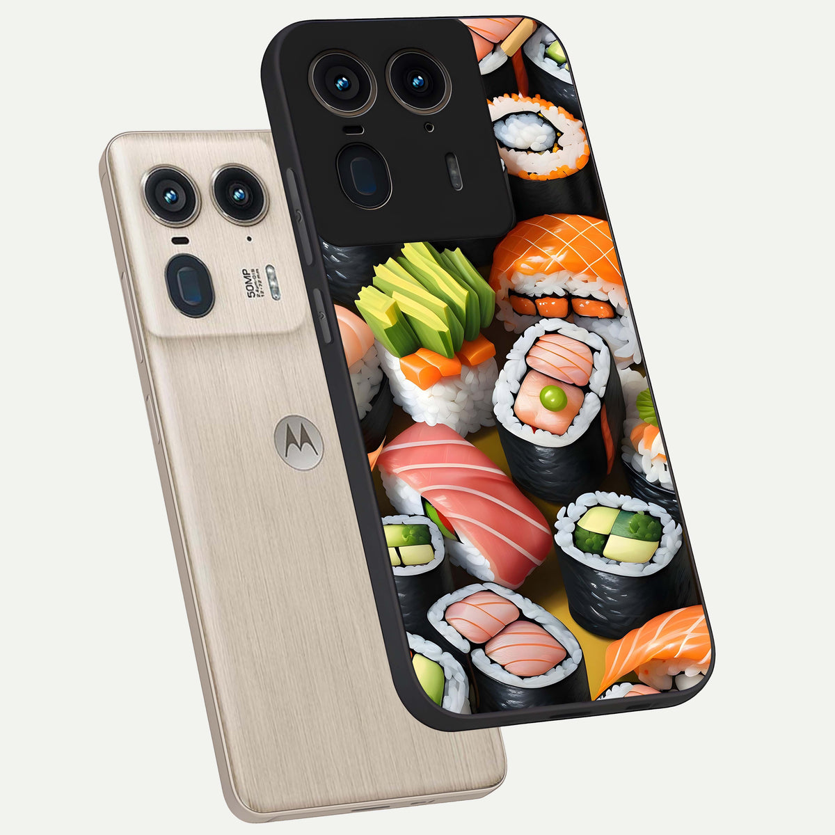  Sushi Food Pattern phone case For Moto Edge 50 Ultra showing premium glass back cover with detailed artwork