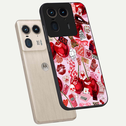  Sweet Cherry Chaos phone case For Moto Edge 50 Ultra showing premium glass back cover with detailed artwork