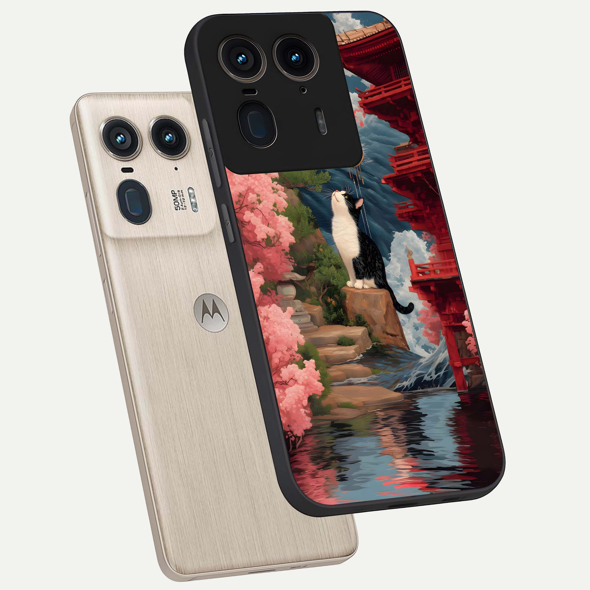  Temple Cat Scenery phone case For Moto Edge 50 Ultra showing premium glass back cover with detailed artwork