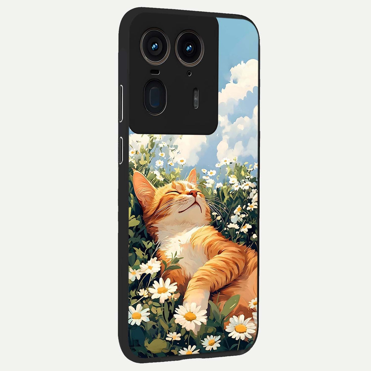  Cat And Flowers View back cover For Moto Edge 50 Ultra slim fit glass case with vibrant aesthetic design