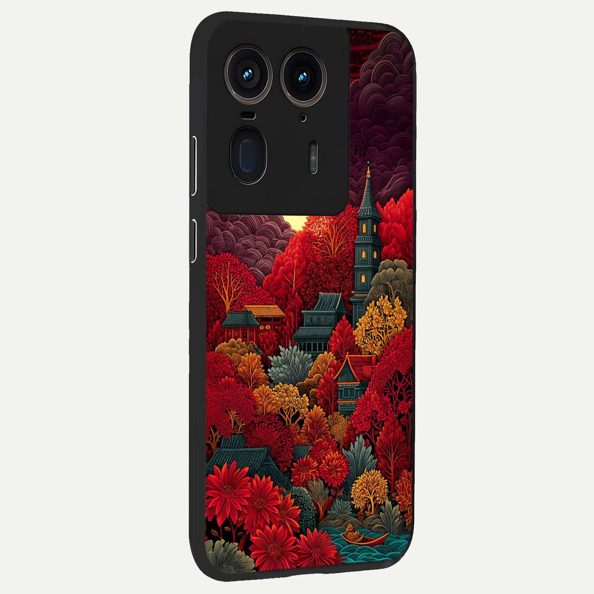  Scarlet Autumn Temple back cover For Moto Edge 50 Ultra slim fit glass case with vibrant aesthetic design
