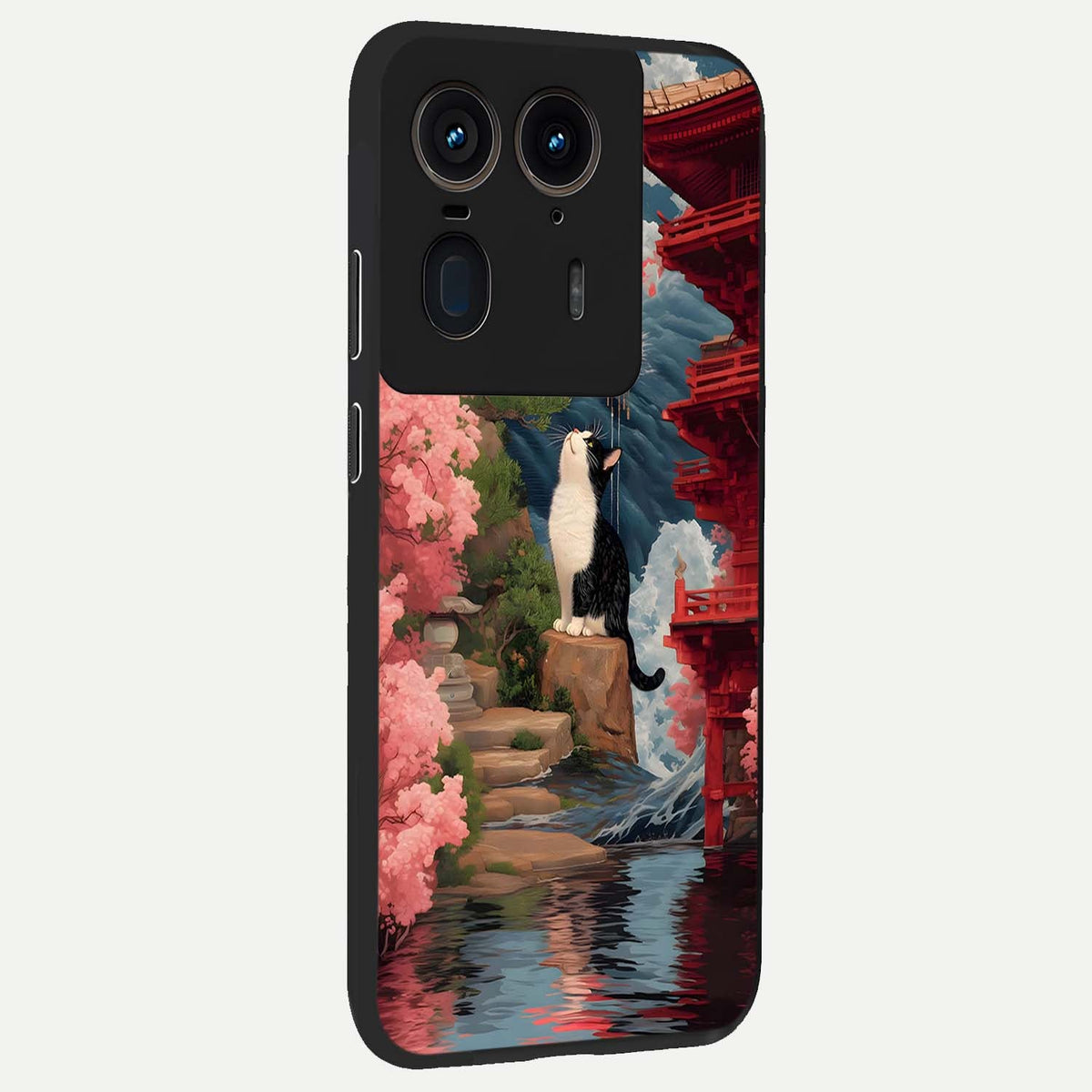  Temple Cat Scenery back cover For Moto Edge 50 Ultra slim fit glass case with vibrant aesthetic design