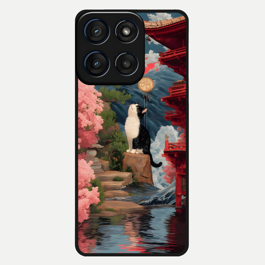  Temple Cat Scenery Glass Case For Moto Edge 60 back cover – full design glossy printed glass finish