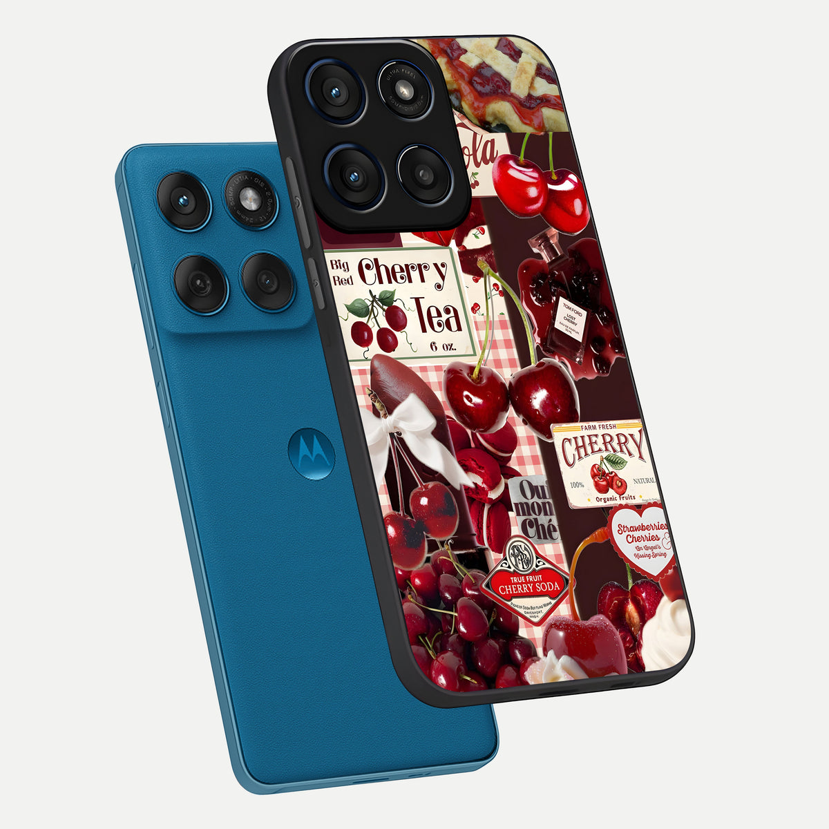  Aesthetic Cherry Tea phone case For Moto Edge 60 showing premium glass back cover with detailed artwork