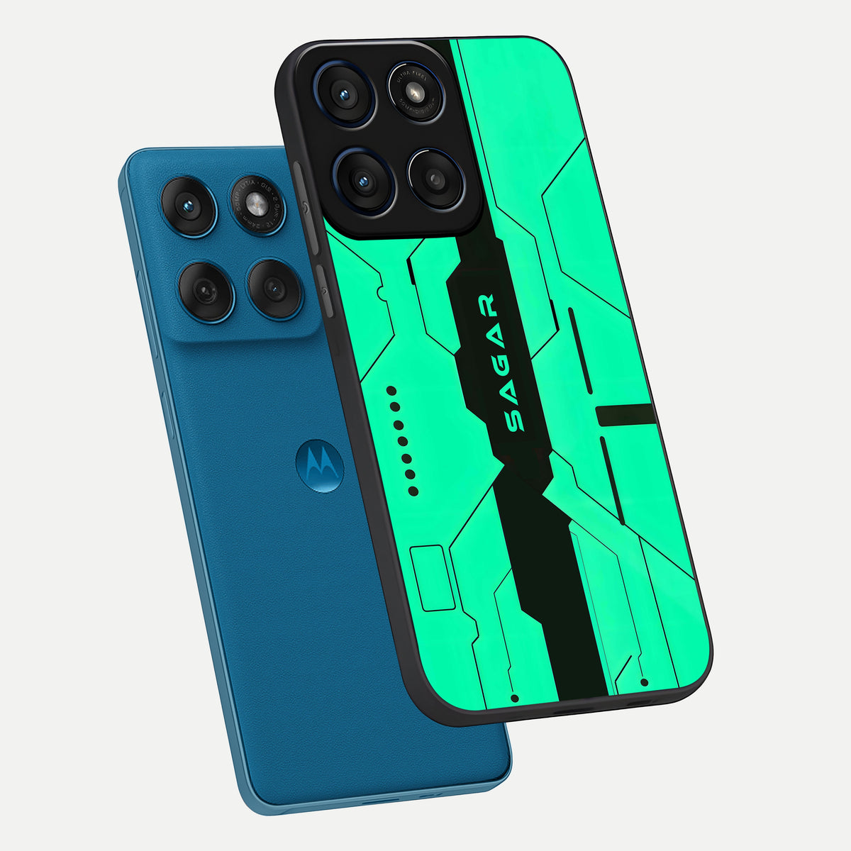  Aqua Tech CYBERPUNK Custom Name phone case For Moto Edge 60 showing premium glass back cover with detailed artwork