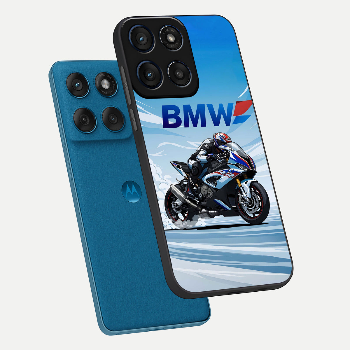  BMW Power Drift phone case For Moto Edge 60 showing premium glass back cover with detailed artwork
