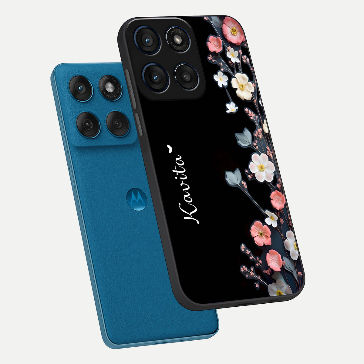  Black Elegance Floral Custom Name phone case For Moto Edge 60 showing premium glass back cover with detailed artwork