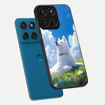  Blissful Cloud Pup phone case For Moto Edge 60 showing premium glass back cover with detailed artwork